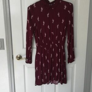 Maroon collared dress with bird print